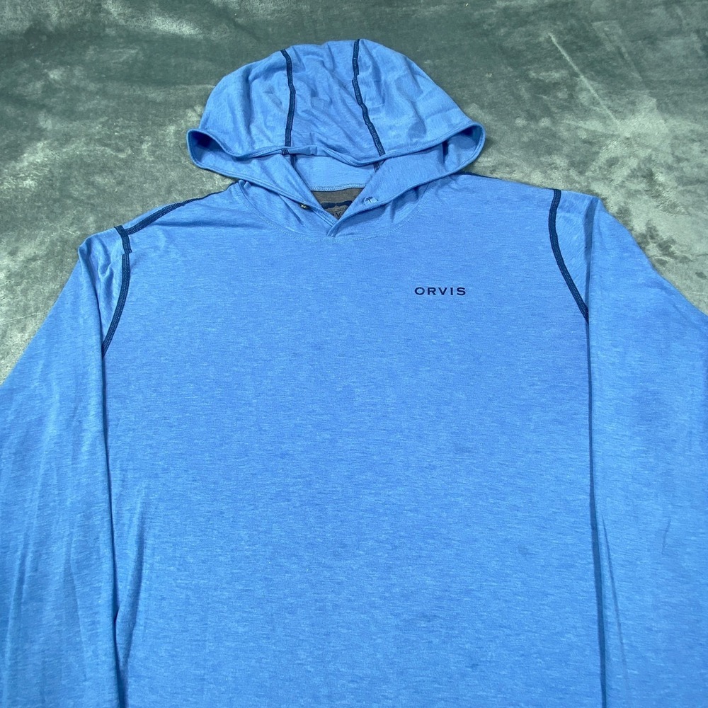 Orvis Hoodie Mens Medium Blue Pullover Long Sleeve Contrast Stitch Outdoor Fish - Picture 2 of 9